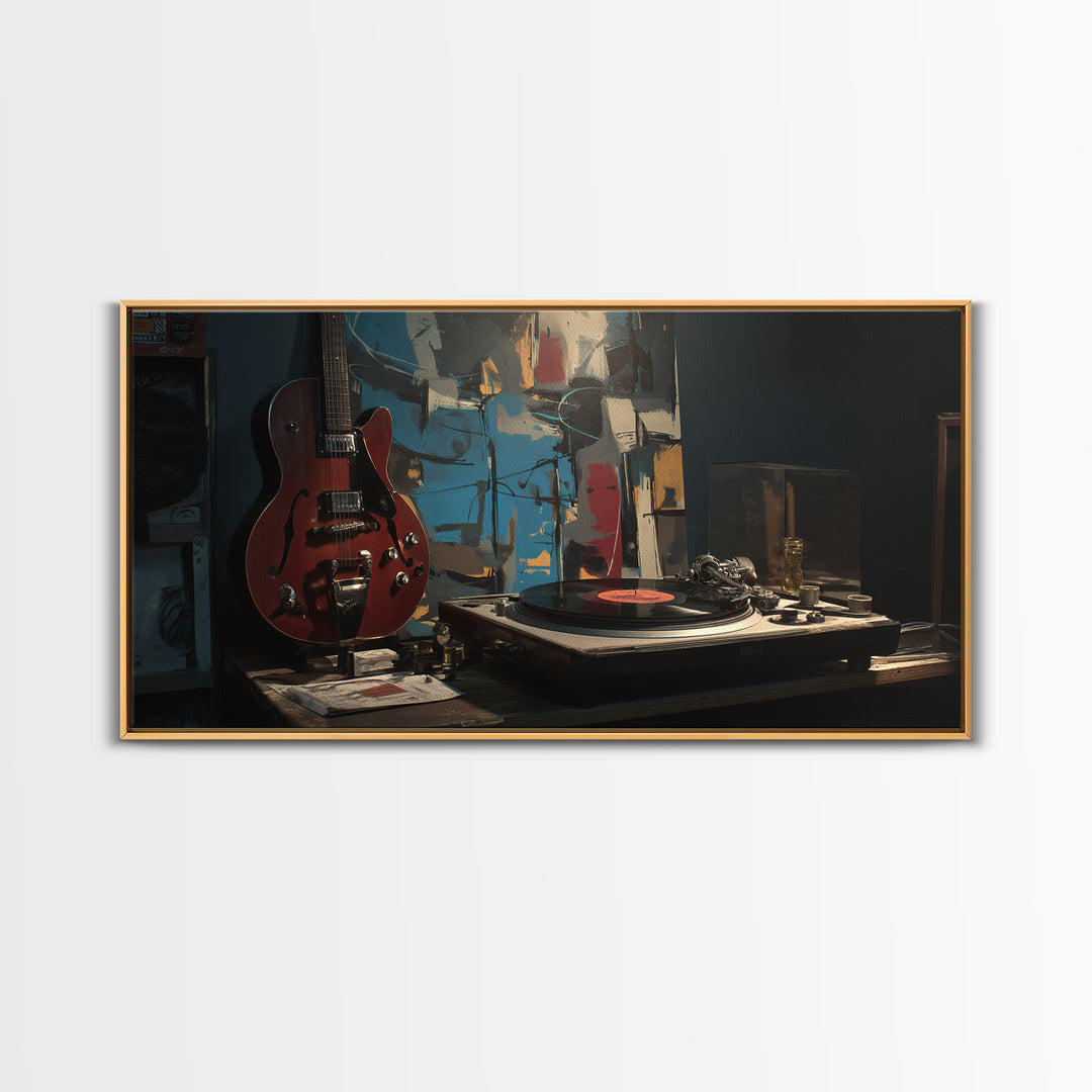 Vinyl Record and Turntable Still Life Framed Canvas Print, Music Studio Art, Gifts for Musicians, Studio Decor, Rhythm, MSA-2x1-95