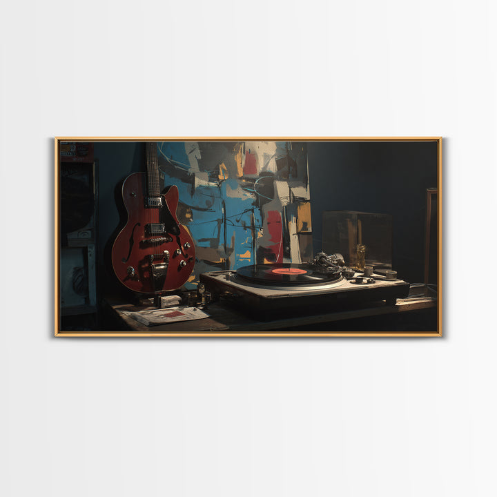 Vinyl Record and Turntable Still Life Framed Canvas Print, Music Studio Art, Gifts for Musicians, Studio Decor, Rhythm, MSA-2x1-95