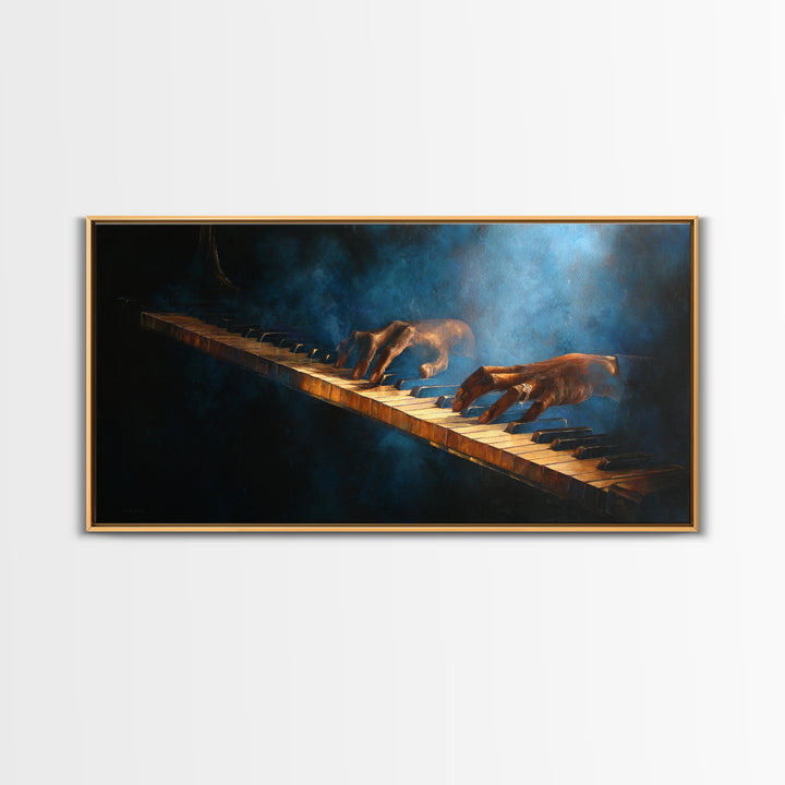 Piano Keys with Hands in Cinematic Shadow Framed Canvas Print, Music Studio Art, Trendy Wall Art, Studio Decor, Rhythm, MSA-2x1-97
