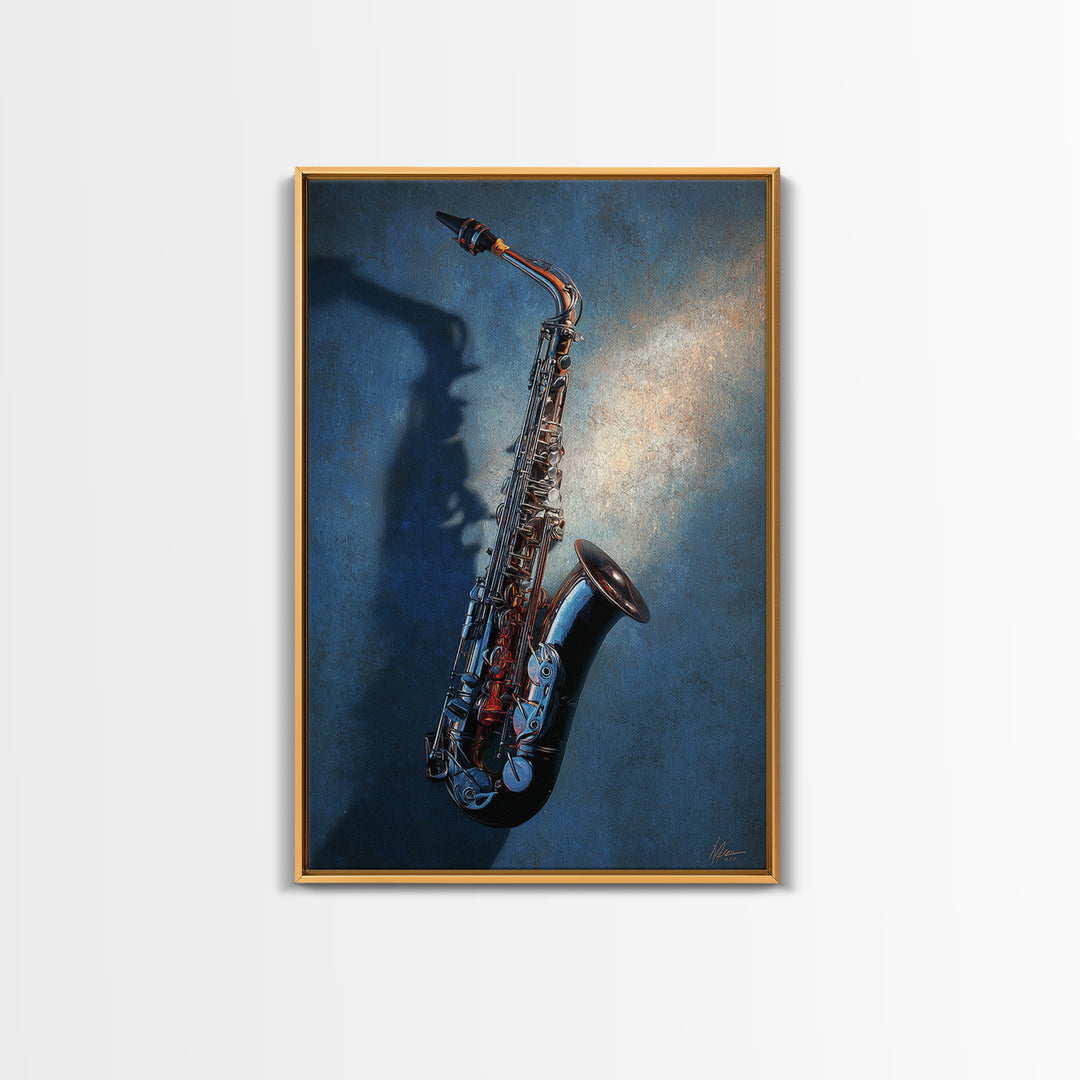 Jazz Saxophone with Smoky Blue Background Framed Canvas Print, Music Studio Art, Contemporary Art, Studio Decor, Rhythm, MSA-2x3-34