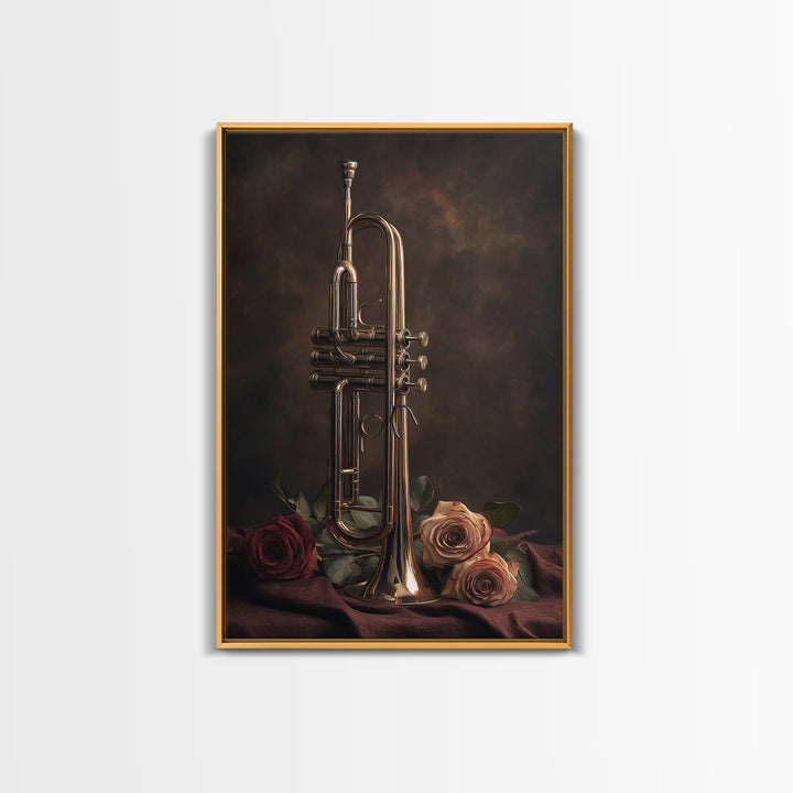 Trumpet and Roses Canvas Print, Music Studio Art, Fine Art Print, Studio Decor, Fine Art, Rhythm, Wall Decor, MSA-2x3-40