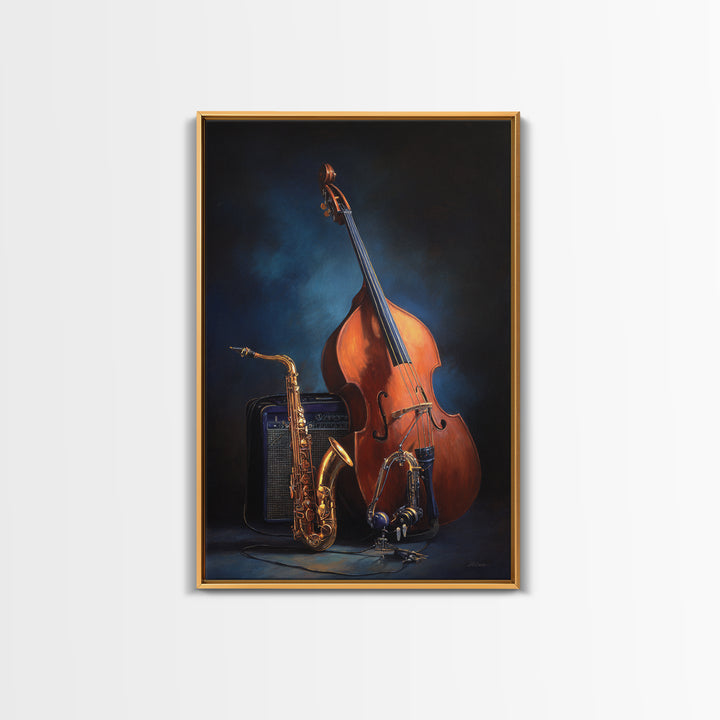 Cello Leaning Against Dark Velvet Backdrop Framed Canvas Print, Music Studio Art, Studio Decor, Abstract Art, Rhythm, MSA-2x3-41