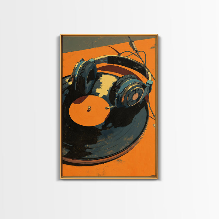 Headphones Around a Glowing Record Framed Canvas Print, Music Studio Art, Contemporary Art, Studio Decor, Fine Art, Rhythm, MSA-2x3-43