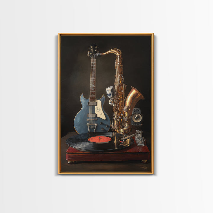 Vinyl Record and Turntable Still Life Framed Canvas Print, Music Studio Art, Music, Studio Decor, Oil Painting, Rhythm, MSA-2x3-59