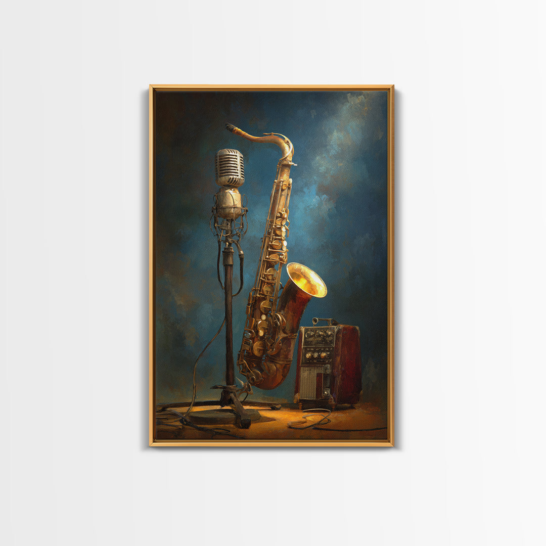 Microphone Portrait with Golden Spotlight Framed Canvas Print, Music Studio Art, Printable Wall Art, Studio Decor, Rhythm, MSA-2x3-63