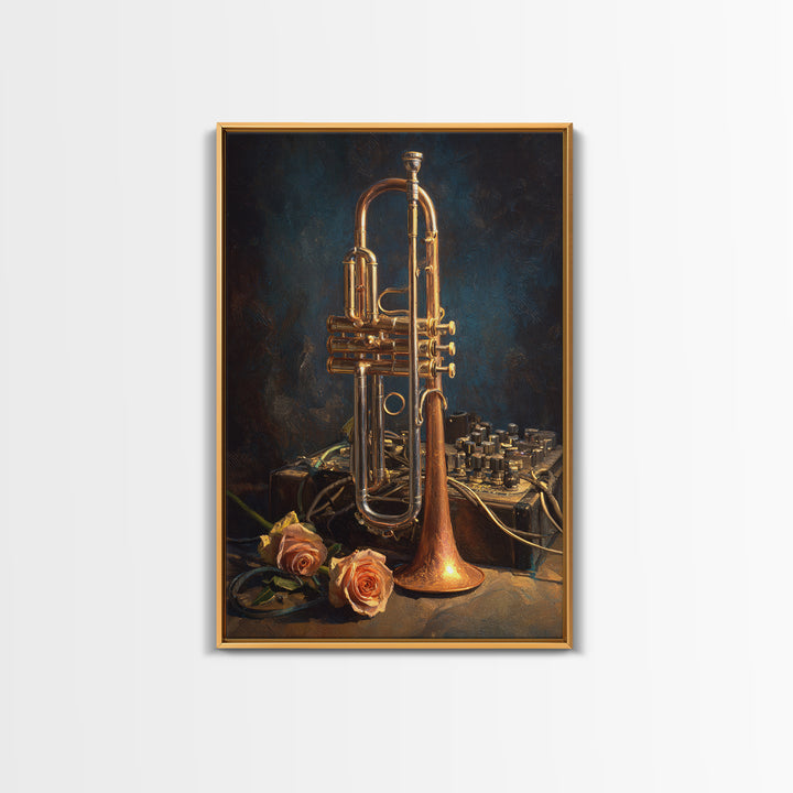 Trumpet and Roses Framed Canvas Print, Music Studio Art, Digital Wall Art, Studio Decor, Fine Art, Rhythm, Commission Painting, MSA-2x3-88