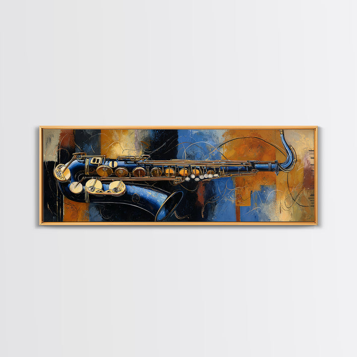 Jazz Saxophone with Smoky Blue Background Framed Canvas Print, Music Studio Art, Custom Painting, Studio Decor, Rhythm, MSA-3x1-18