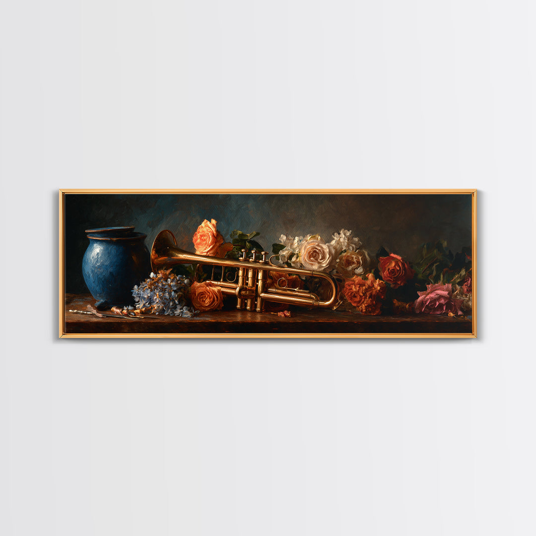 Trumpet and Roses Canvas Print, Music Studio Art, Music Gift, Studio Decor, Fine Art, Rhythm, Room Decor, Textured Painting, MSA-3x1-24