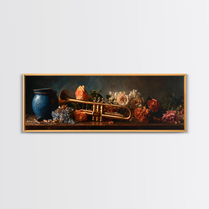 Trumpet and Roses Canvas Print, Music Studio Art, Music Gift, Studio Decor, Fine Art, Rhythm, Room Decor, Textured Painting, MSA-3x1-24