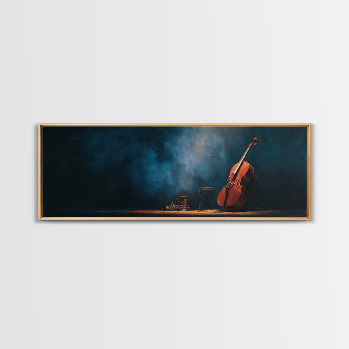 Cello Leaning Against Dark Velvet Backdrop Canvas Print, Music Studio Art, Commission Painting, Studio Decor, Abstract Art, MSA-3x1-25