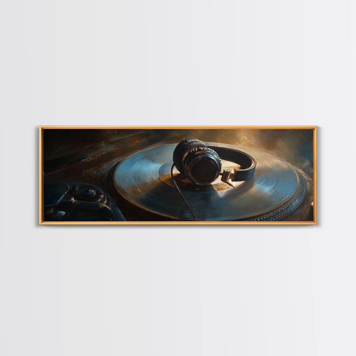 Headphones Around a Glowing Record Canvas Print, Music Studio Art, Gallery Decor, Studio Decor, Fine Art, Rhythm, MSA-3x1-3