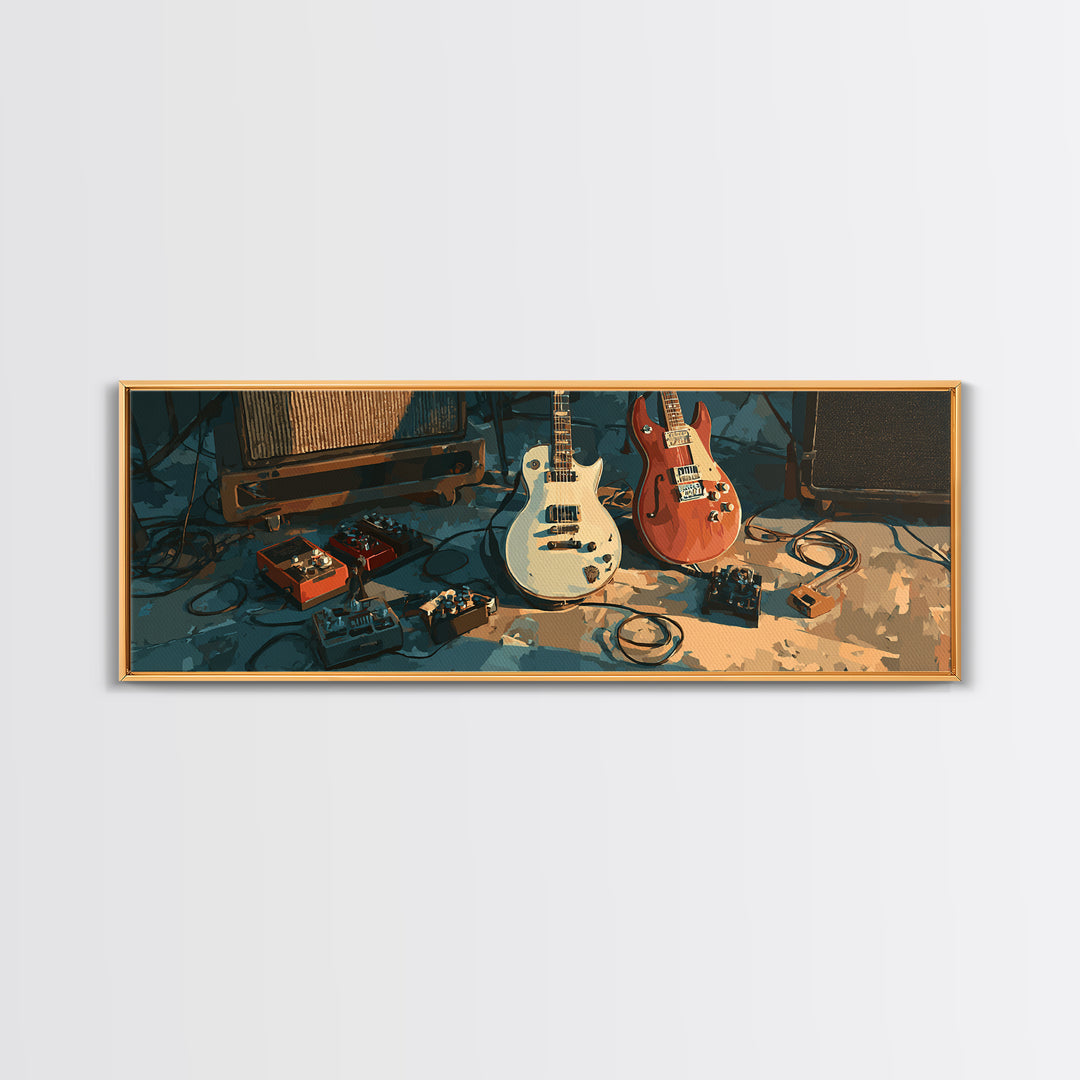 Electric Guitar Pedals and Cables Graphic Art Canvas Print, Music Studio Art, Painting from Photo, Studio Decor, Rhythm, MSA-3x1-37