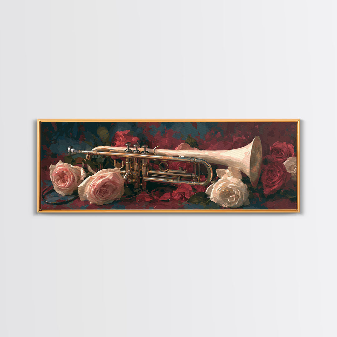 Trumpet and Roses Canvas Print, Music Studio Art, Art Print, Studio Decor, Fine Art, Rhythm, Digital Wall Art, Printable Art, MSA-3x1-48