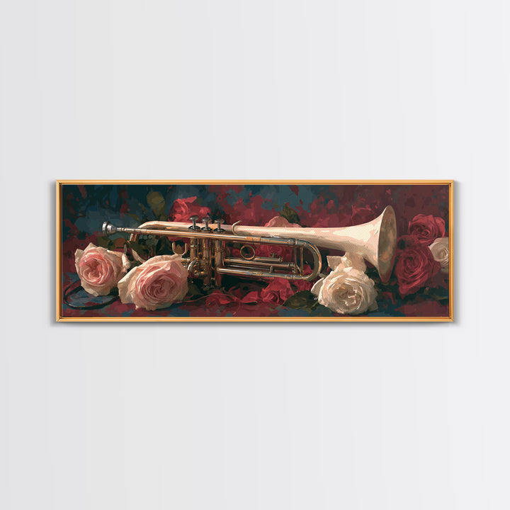 Trumpet and Roses Canvas Print, Music Studio Art, Art Print, Studio Decor, Fine Art, Rhythm, Digital Wall Art, Printable Art, MSA-3x1-48