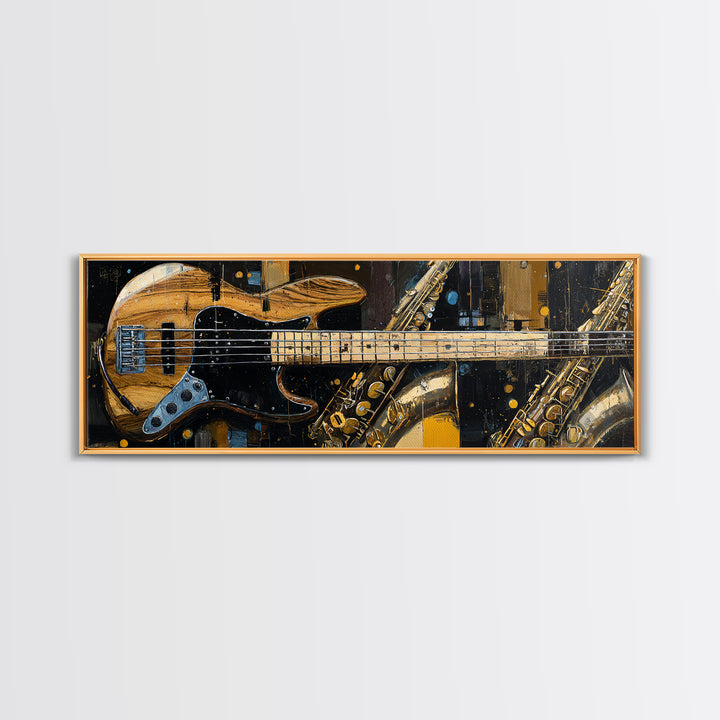 Bass Guitar Closeup Framed Canvas Print, Music Studio Art, Custom Painting, Studio Decor, Watercolor Art, Rhythm, MSA-3x1-5