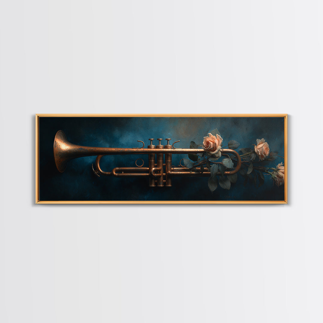 Trumpet and Roses Framed Canvas Print, Music Studio Art, Wall Art, Studio Decor, Rhythm, Trendy Wall Art, Music Wall Art, MSA-3x1-72