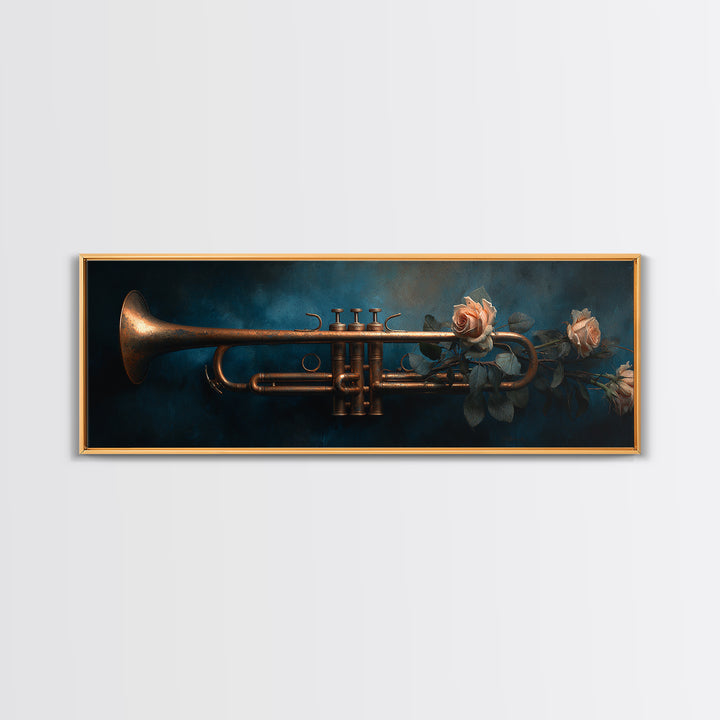 Trumpet and Roses Framed Canvas Print, Music Studio Art, Wall Art, Studio Decor, Rhythm, Trendy Wall Art, Music Wall Art, MSA-3x1-72