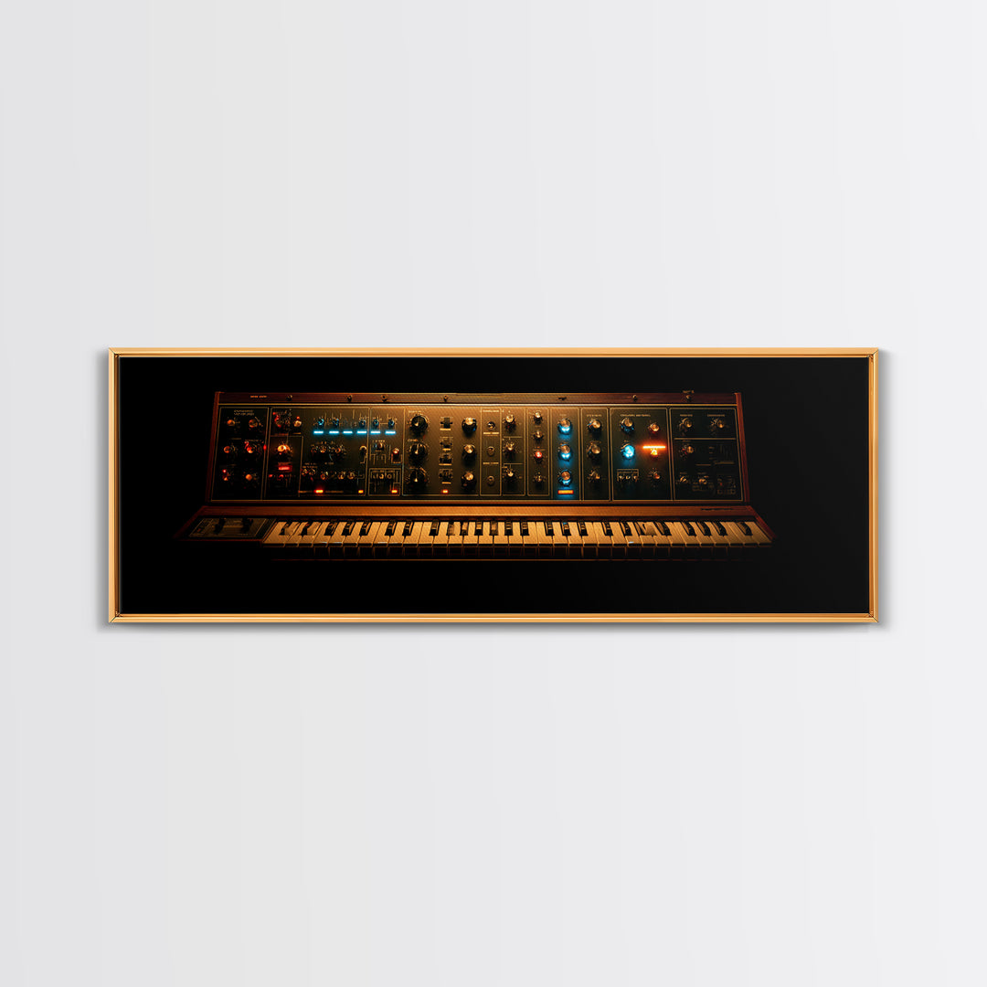 Synthesizer Knobs and Neon Reflections Framed Canvas Print, Music Studio Art, Painting from Photo, Studio Decor, Oil Painting, MSA-3x1-74