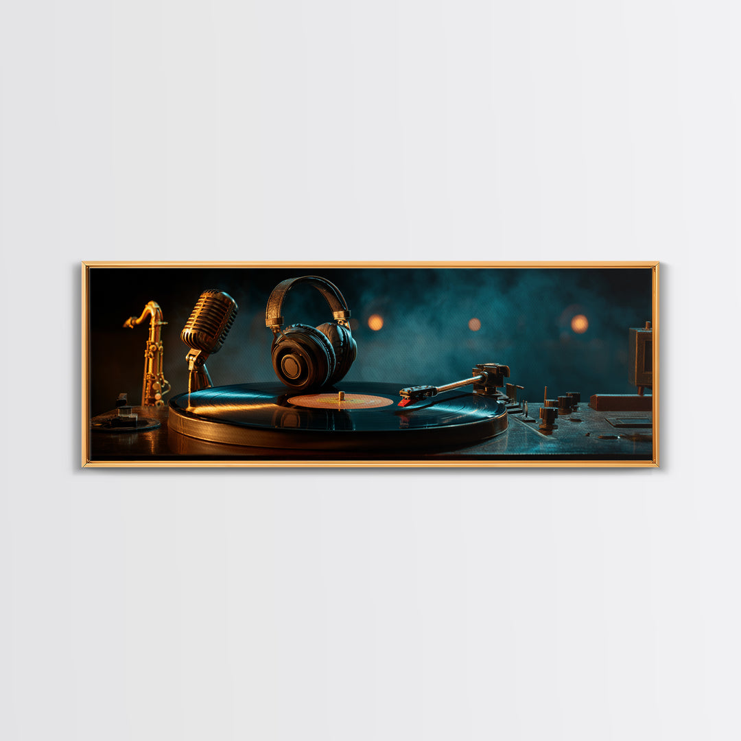 Headphones Around a Glowing Record Canvas Print, Music Studio Art, Modern Wall Art, Studio Decor, Fine Art, Rhythm, Boho Art, MSA-3x1-75