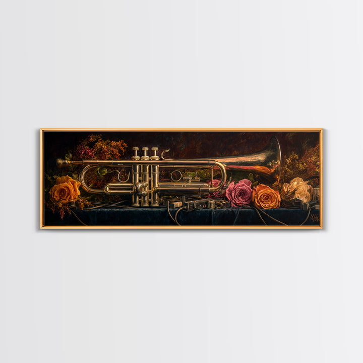 Trumpet and Roses Canvas Print, Music Studio Art, Neutral Decor, Studio Decor, Fine Art, Rhythm, Wall Art, Home Decor, MSA-3x1-96