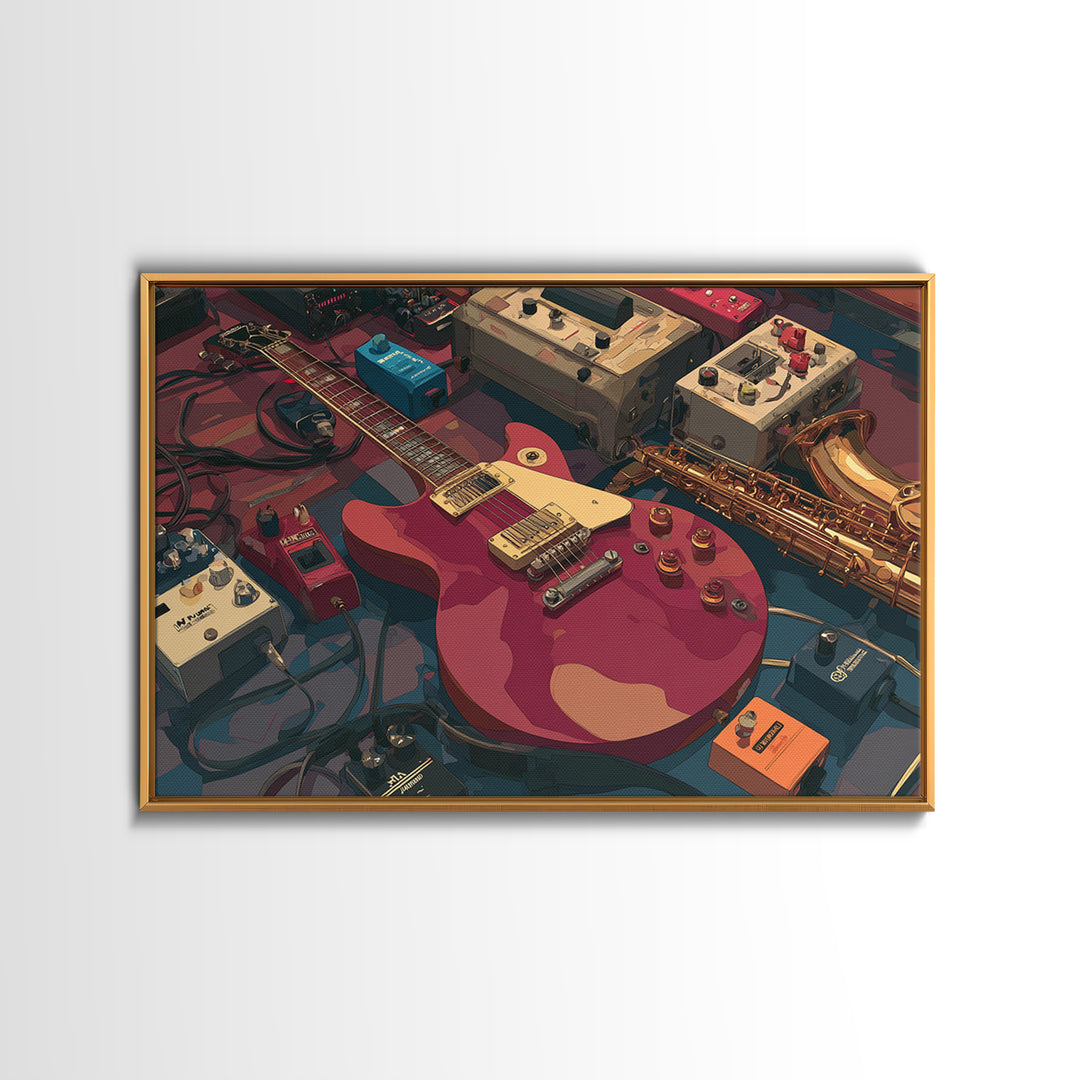 Electric Guitar Pedals and Cables Graphic Art Canvas Print, Music Studio Art, Trendy Wall Art, Studio Decor, Fine Art, Rhythm, MSA-3x2-1