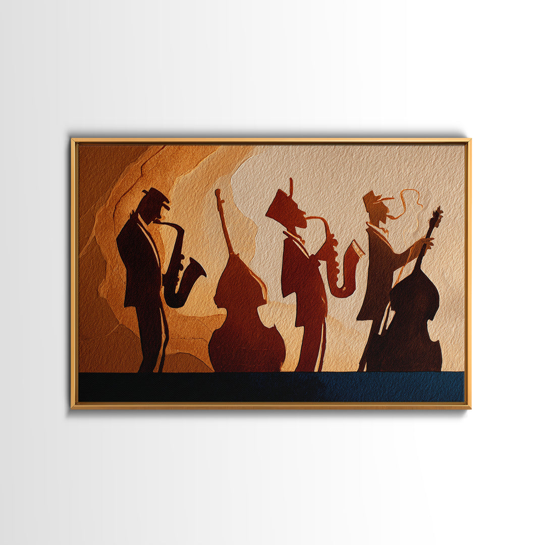 Jazz Quartet Silhouettes Framed Canvas Print, Music Studio Art, Printable Wall Art, Studio Decor, Rhythm, Painting from Photo, MSA-3x2-2