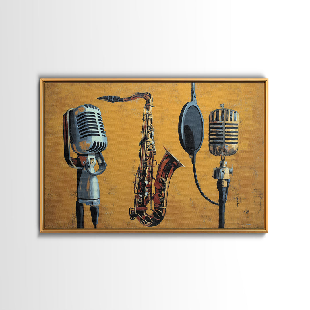 Microphone Portrait with Golden Spotlight Framed Canvas Print, Music Studio Art, Art Print, Studio Decor, Fine Art, Rhythm, MSA-3x2-59