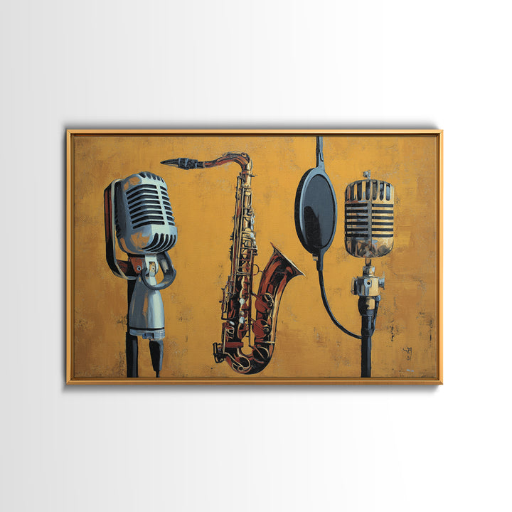Microphone Portrait with Golden Spotlight Framed Canvas Print, Music Studio Art, Art Print, Studio Decor, Fine Art, Rhythm, MSA-3x2-59