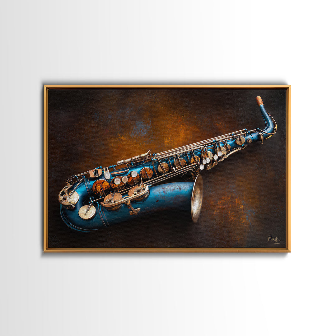 Jazz Saxophone with Smoky Blue Background Framed Canvas Print, Music Studio Art, Scripture Wall Art, Studio Decor, Rhythm, MSA-3x2-6