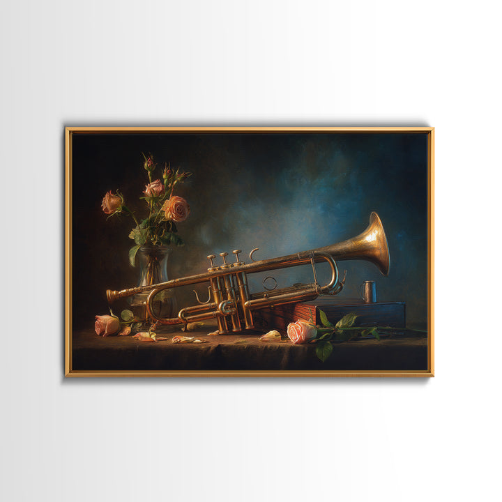Trumpet and Roses Framed Canvas Print, Music Studio Art, Music Lover, Studio Decor, Fine Art, Rhythm, Minimalist Decor, MSA-3x2-60