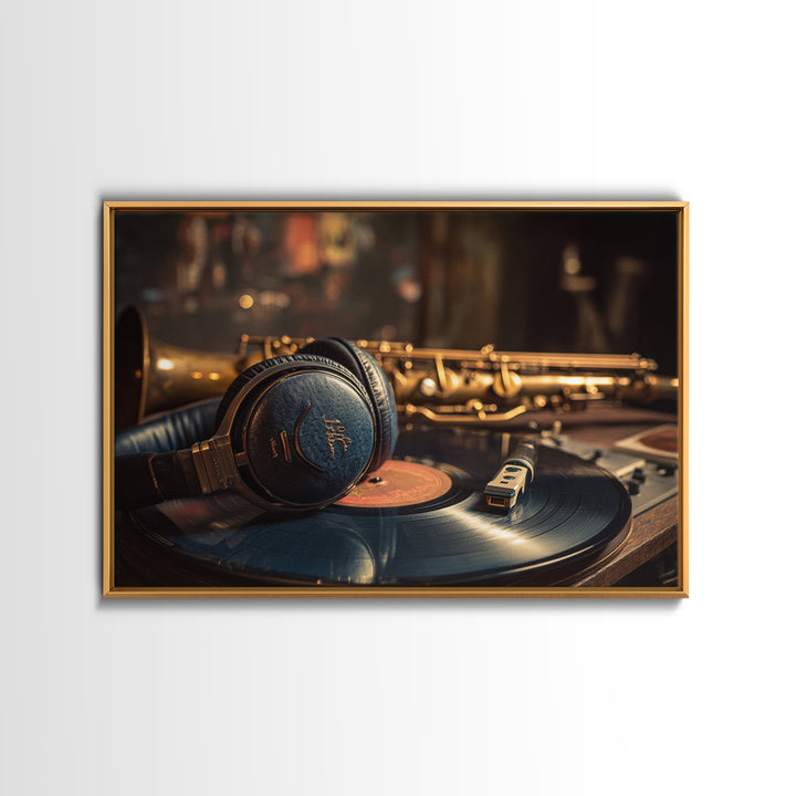 Headphones Around a Glowing Record Framed Canvas Print, Music Studio Art, Scripture Wall Art, Studio Decor, Fine Art, Rhythm, MSA-3x2-63
