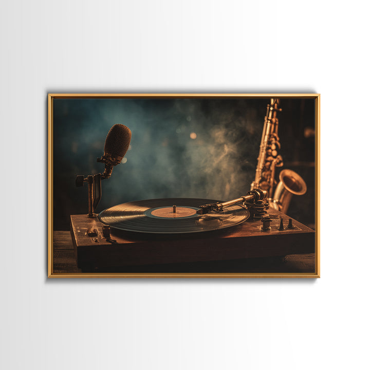 Vinyl Record and Turntable Still Life Framed Canvas Print, Music Studio Art, Home Decor, Studio Decor, Abstract Art, Rhythm, MSA-3x2-7