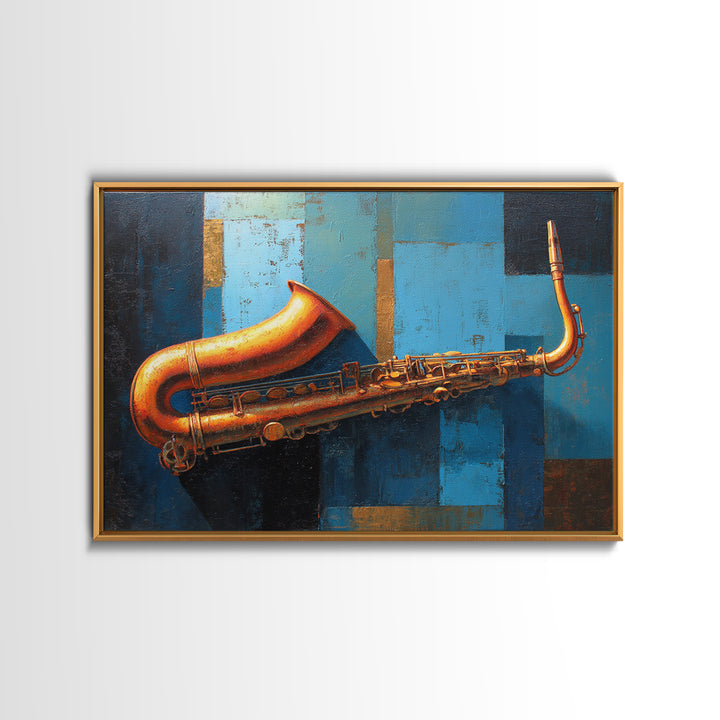 Jazz Saxophone with Smoky Blue Background Framed Canvas Print, Music Studio Art, Boho Art, Studio Decor, Fine Art, Rhythm, MSA-3x2-78
