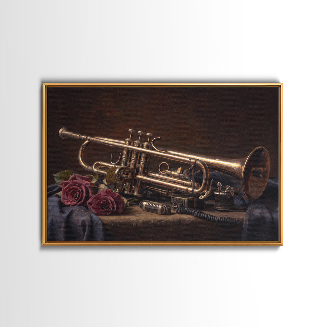 Trumpet and Roses Canvas Print, Music Studio Art, Boho Decor, Studio Decor, Fine Art, Rhythm, Metal Wall Art, MSA-3x2-84