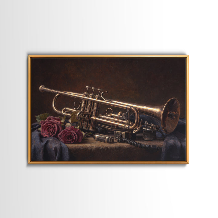 Trumpet and Roses Canvas Print, Music Studio Art, Boho Decor, Studio Decor, Fine Art, Rhythm, Metal Wall Art, MSA-3x2-84