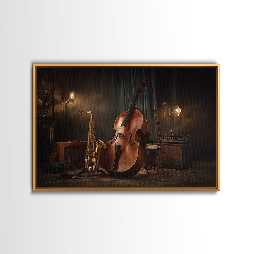 Cello Leaning Against Dark Velvet Backdrop Framed Canvas Print, Music Studio Art, Music Gift, Studio Decor, Fine Art, Rhythm, MSA-3x2-85