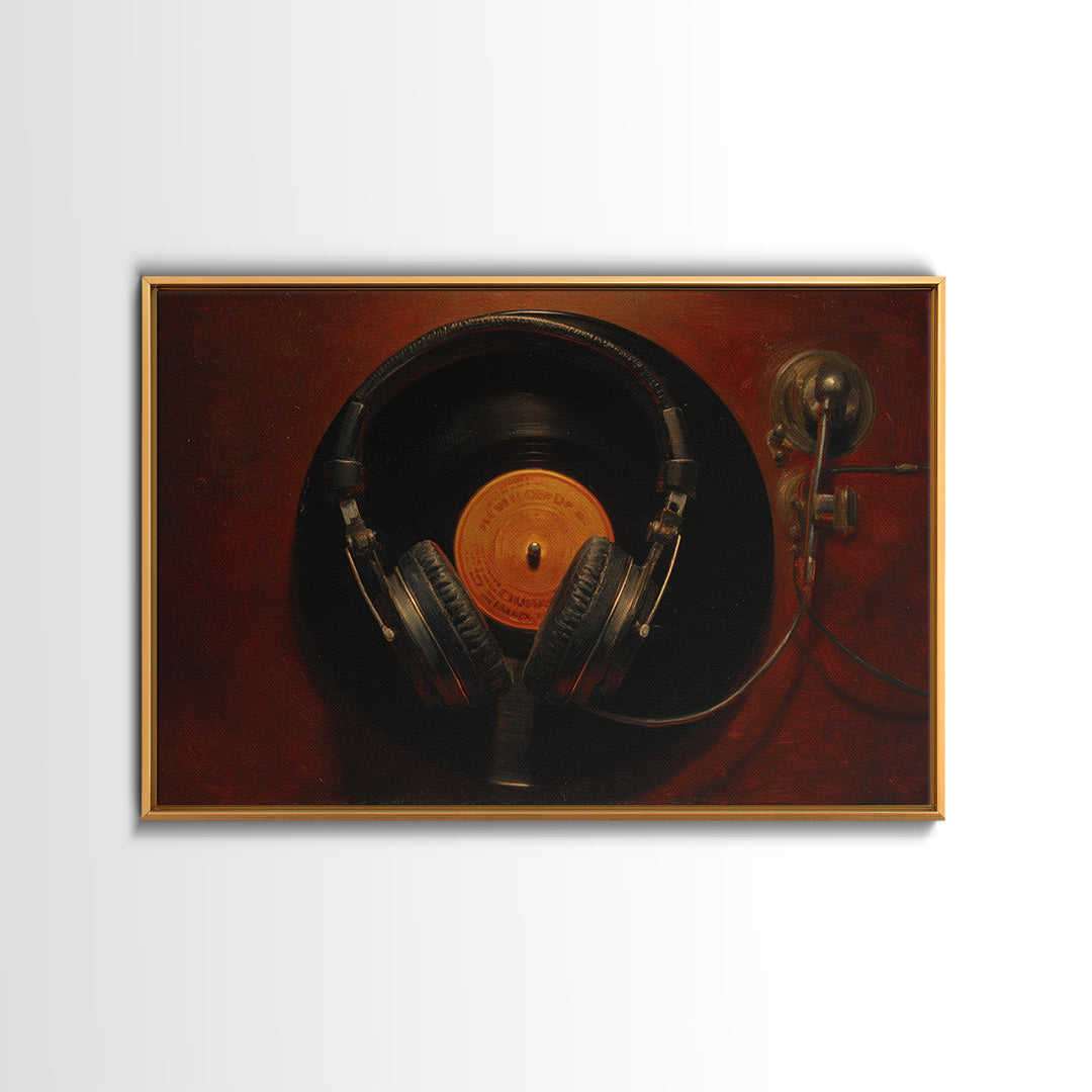 Headphones Around a Glowing Record Framed Canvas Print, Music Studio Art, Fine Art Print, Studio Decor, Fine Art, Rhythm, MSA-3x2-87