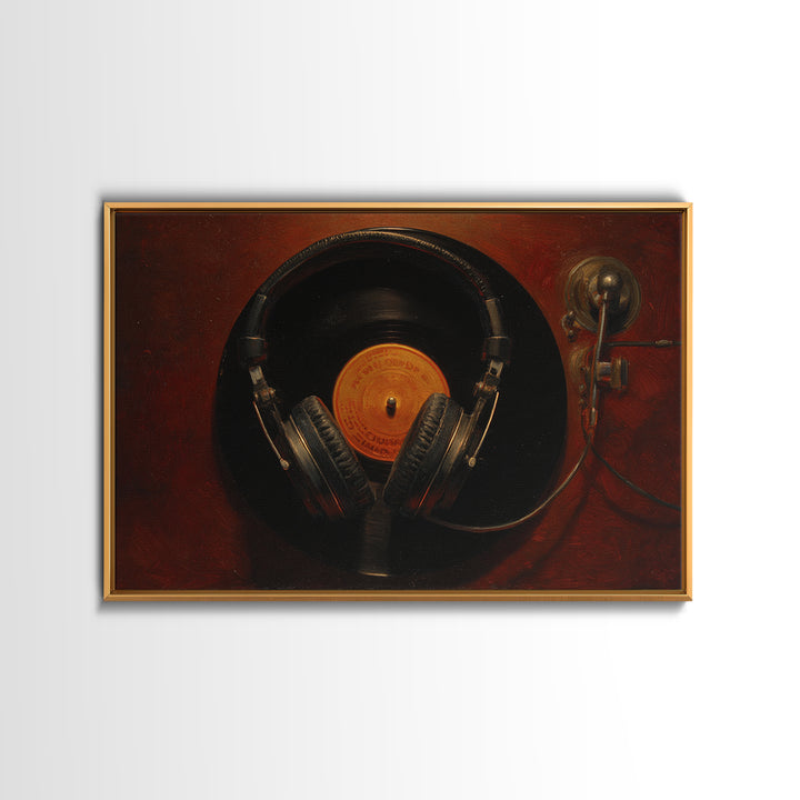 Headphones Around a Glowing Record Framed Canvas Print, Music Studio Art, Fine Art Print, Studio Decor, Fine Art, Rhythm, MSA-3x2-87