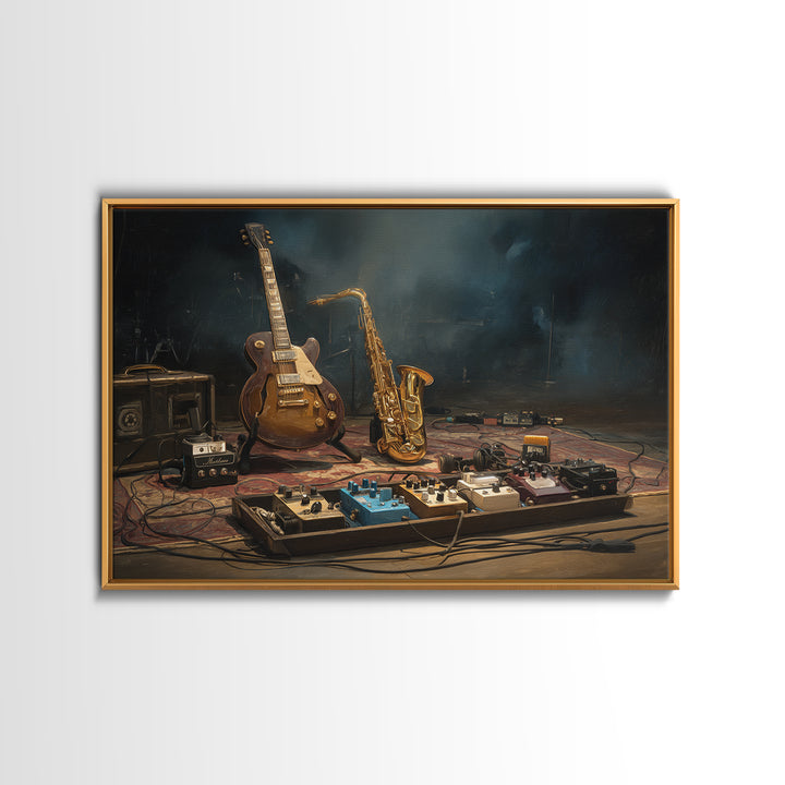 Electric Guitar Pedals and Cables Graphic Art Framed Canvas Print, Music Studio Art, Music Lover, Studio Decor, Watercolor Art, MSA-3x2-97