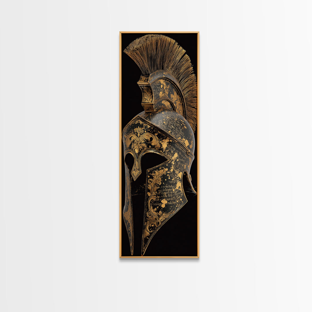 Golden Spartan Helmet - Sparta Wall Art - Gold Canvas Decor - Canvas Wall Art - Gold Spartan Painting - Wood Framed Mancave Art