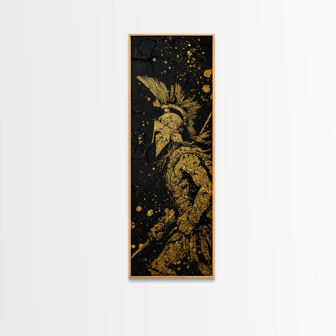 Spartan Warrior Helmet Illustration, Gold Canvas Print, Ancient Greek Soldier Wall Art, Real Wood Frame Decor