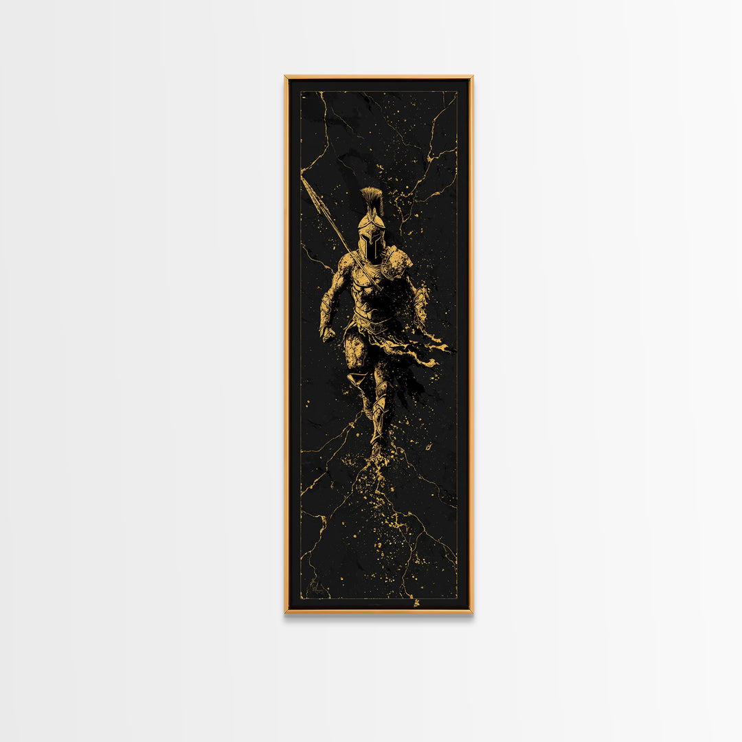 Ancient Spartan Soldier Running, Gold Canvas Print, Greek Warrior Helmet Wall Art, Real Wood Frame Decor