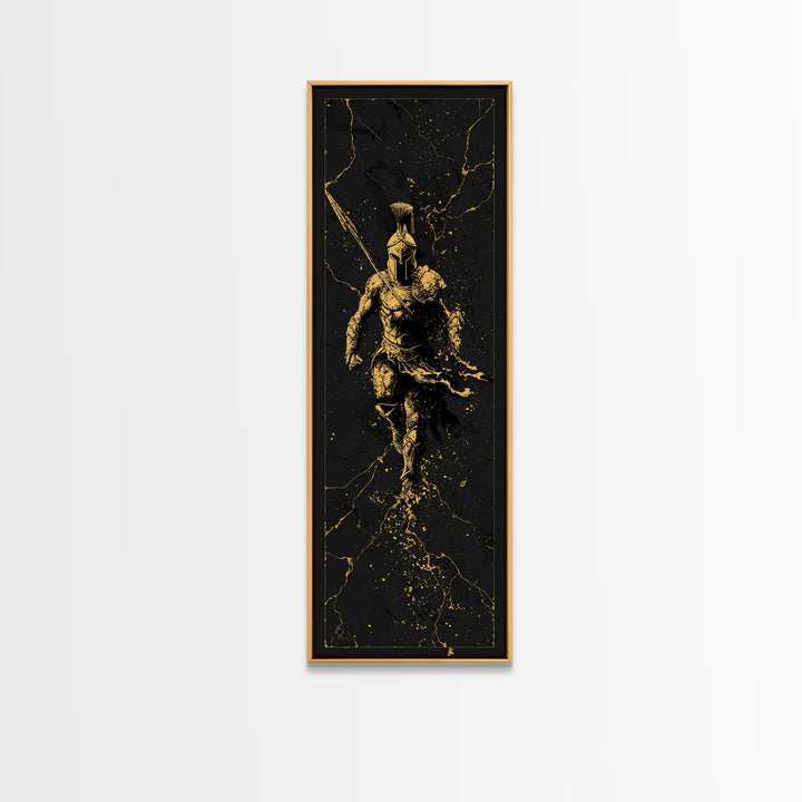 Ancient Spartan Soldier Running, Gold Canvas Print, Greek Warrior Helmet Wall Art, Real Wood Frame Decor