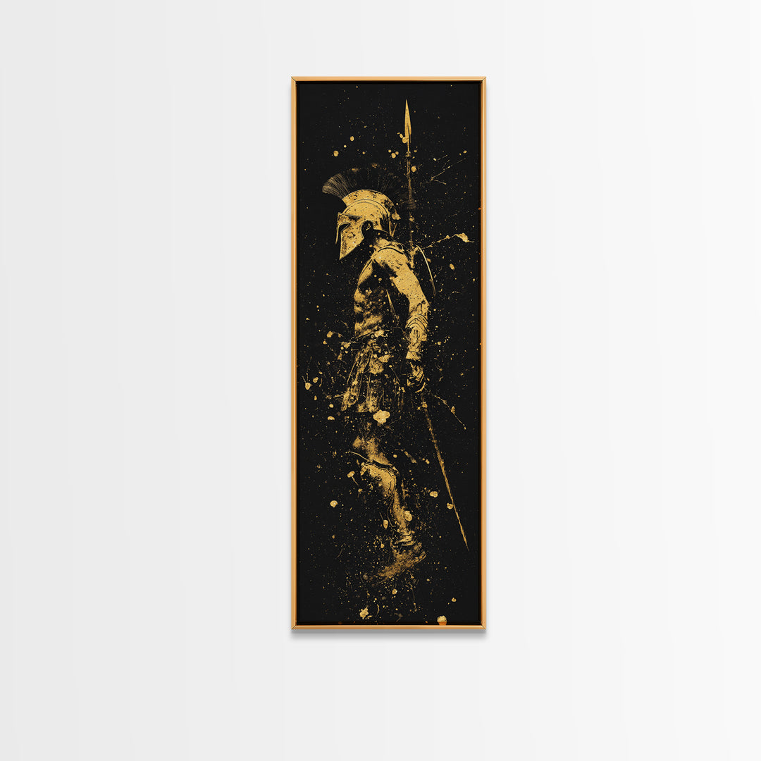 Greek Spartan Warrior With Spear, Gold Canvas Print, Ancient Soldier Helmet Wall Art, Real Wood Frame Decor