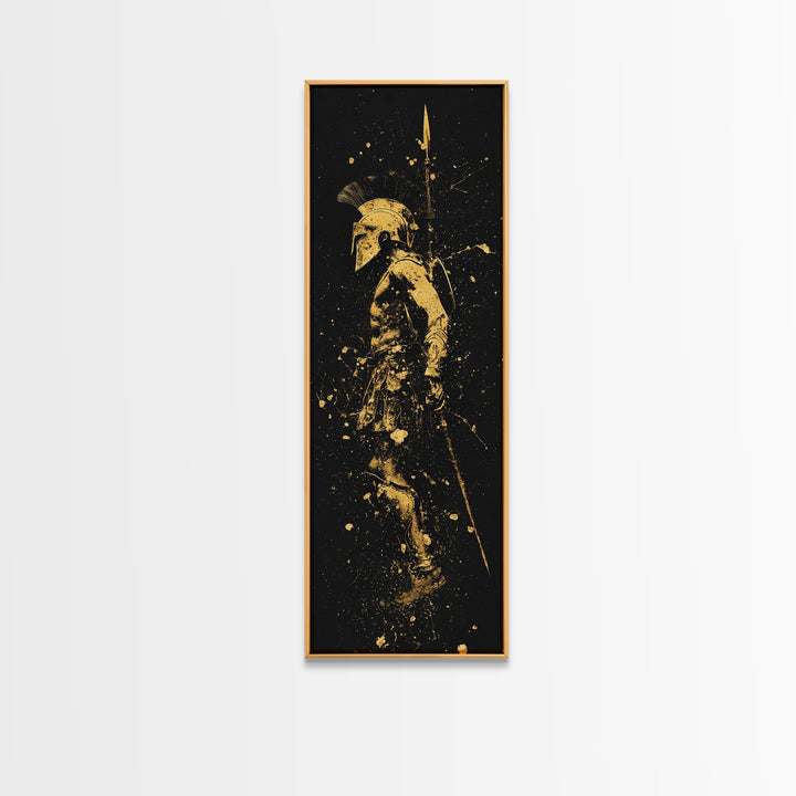 Greek Spartan Warrior With Spear, Gold Canvas Print, Ancient Soldier Helmet Wall Art, Real Wood Frame Decor