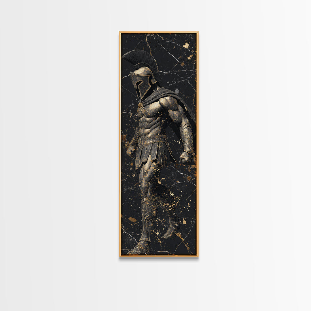 Spartan Warrior In Detailed Armor, Gold Canvas Print, Ancient Greek Soldier Wall Art, Real Wood Frame Decor