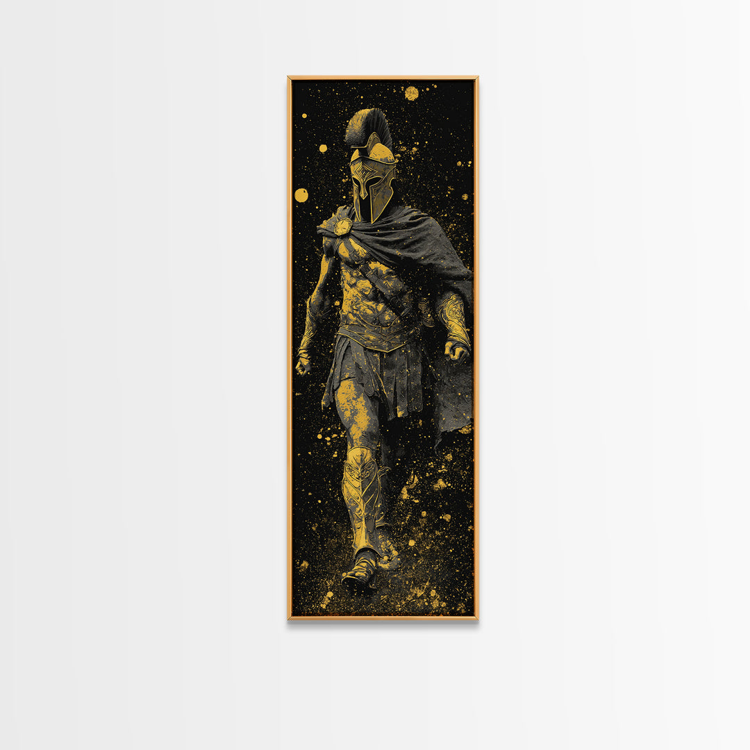 Greek Spartan Warrior In Cloak, Gold Canvas Print, Ancient Helmet Warrior Wall Art, Real Wood Frame Home Decor