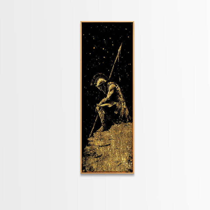 Spartan Warrior Kneeling With Spear, Gold Canvas Print, Ancient Greek Soldier Wall Art, Real Wood Frame Decor