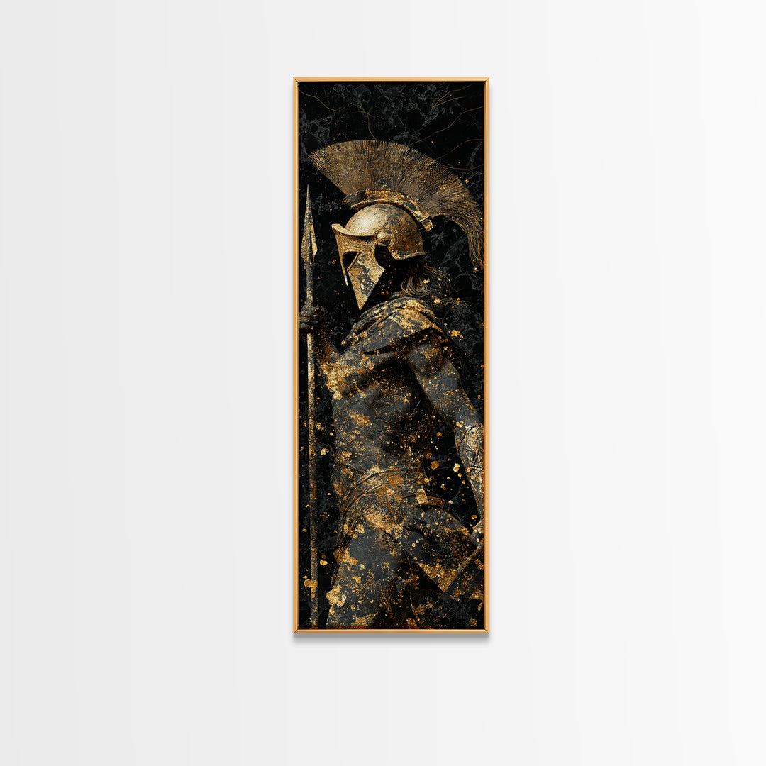 Greek Spartan Warrior Holding Spear, Gold Canvas Print, Ancient Helmet Warrior Wall Art, Real Wood Frame Decor