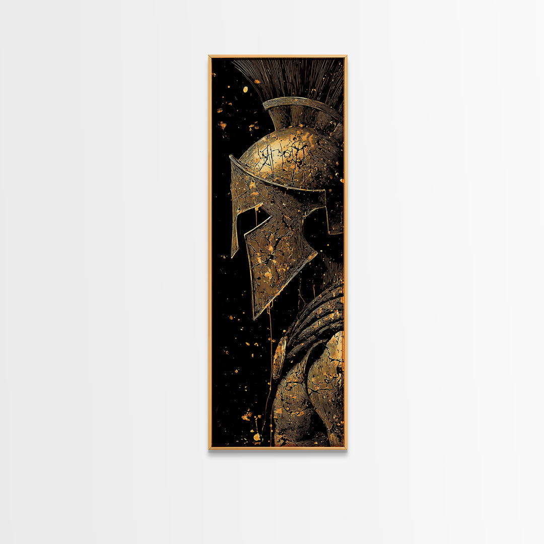 Spartan Helmet Close Up Artwork, Gold Canvas Print, Ancient Greek Warrior Wall Art, Real Wood Frame Decor